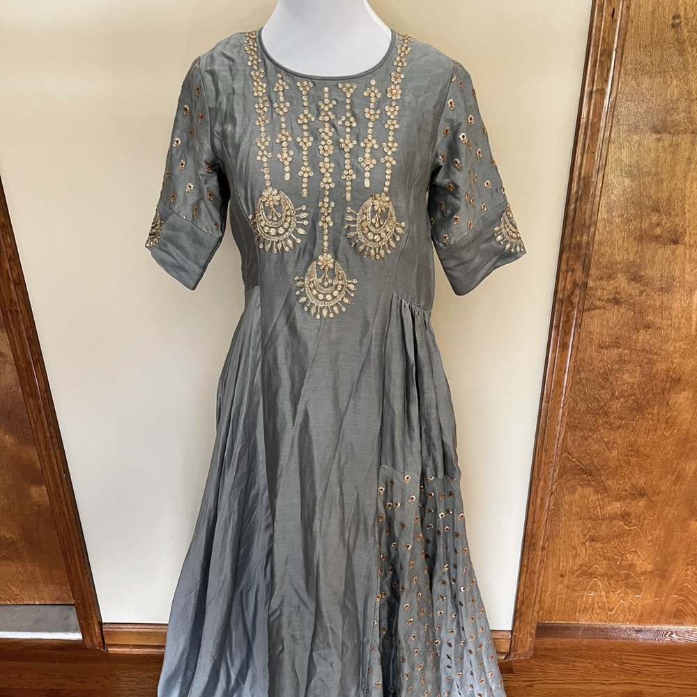 Indian Ethnic Gown Gray Floor Length Embroidered Anarkali Kurt’s Top